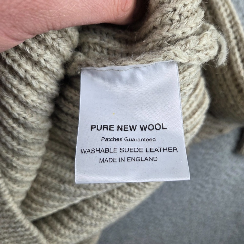 Woolyback British Knitwear Mens Large Pure Wool England Made Suede Patches Beige - Picture 7 of 8